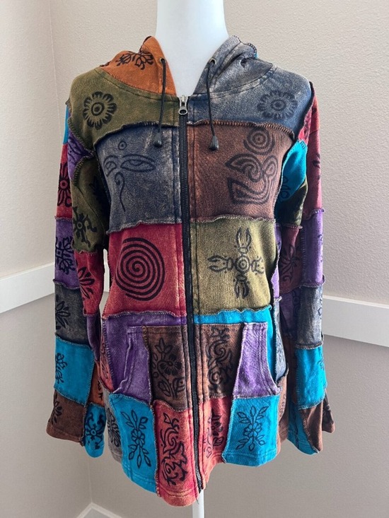 Rising International Tops - Rising International Boho Patchwork Full-Zip Hoodie Jacket Nepal- Size Med